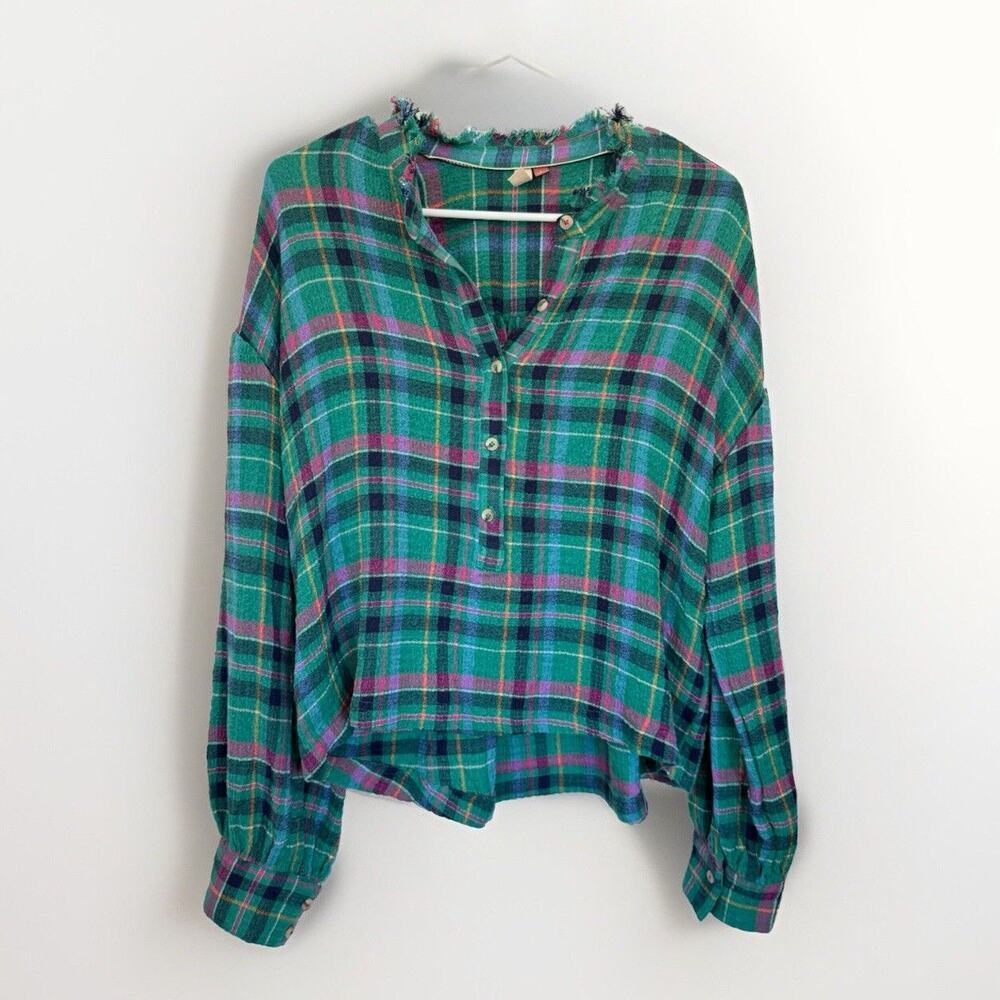 Anthropologie Pilcro Cropped Puff-Sleeve Soft Crinkle Green Plaid Blouse Small - Picture 3 of 13
